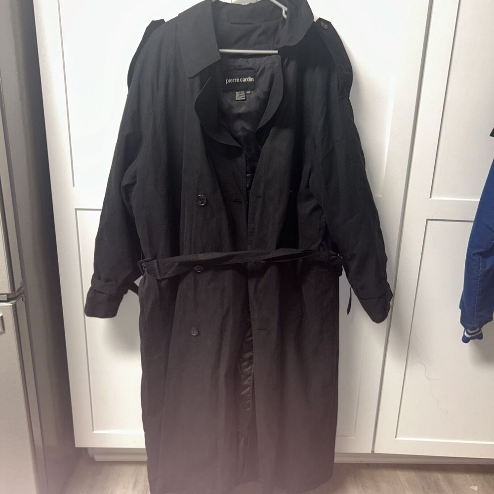 Vintage Pierre Cardin Long Trench Coat Mens 42R Double Breasted Belt Black Liner